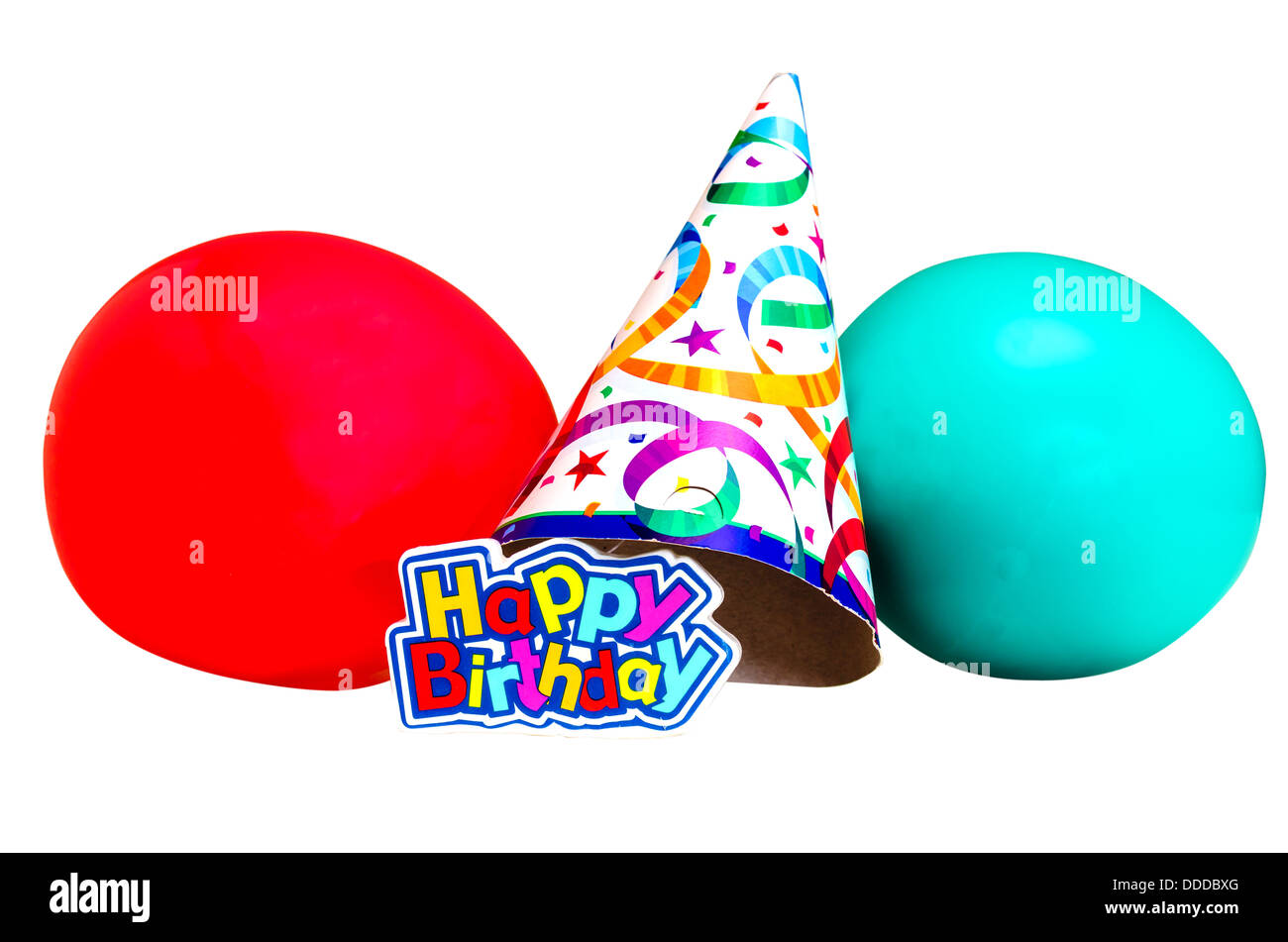 Birthday party isolated on white background with clipping path. Happy birthday candle, balloons, and hat. Stock Photo