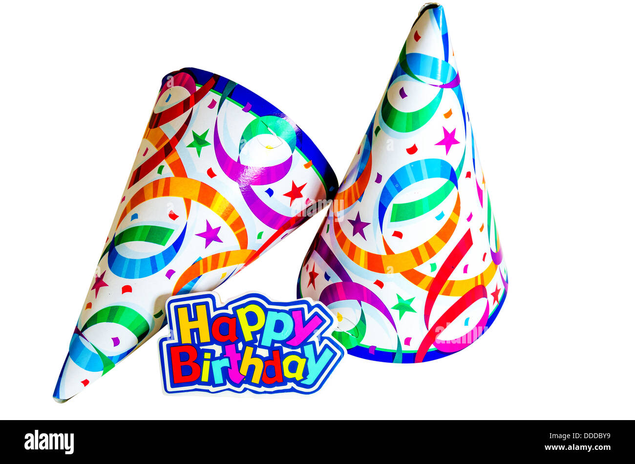 Happy birthday with hats isolated on white background with clipping path. Stock Photo