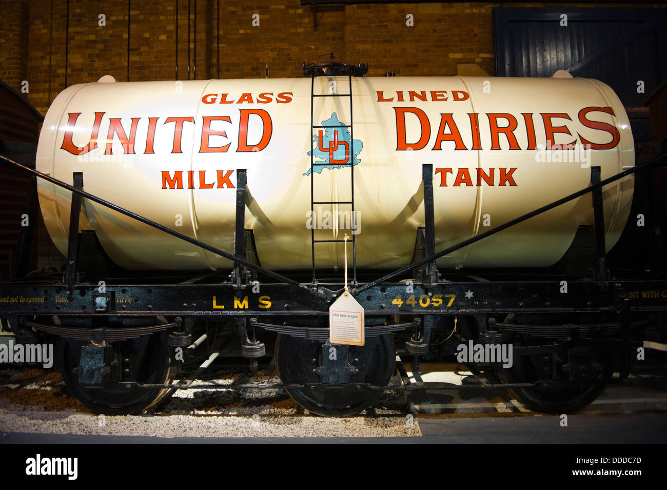 Milk tank wagon on display at the National Railway Museum in the city of York North Yorkshire England UK Stock Photo