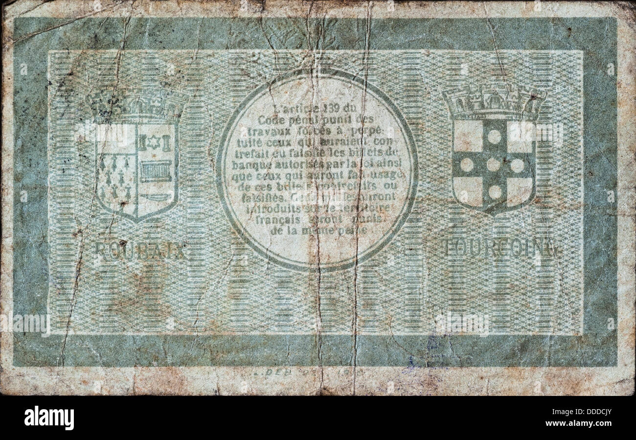 Rear of French banknote Bon de Monnaie Un Franc of the cities Ville de Roubaix et de Tourcoing from 1916 during World War One Stock Photo