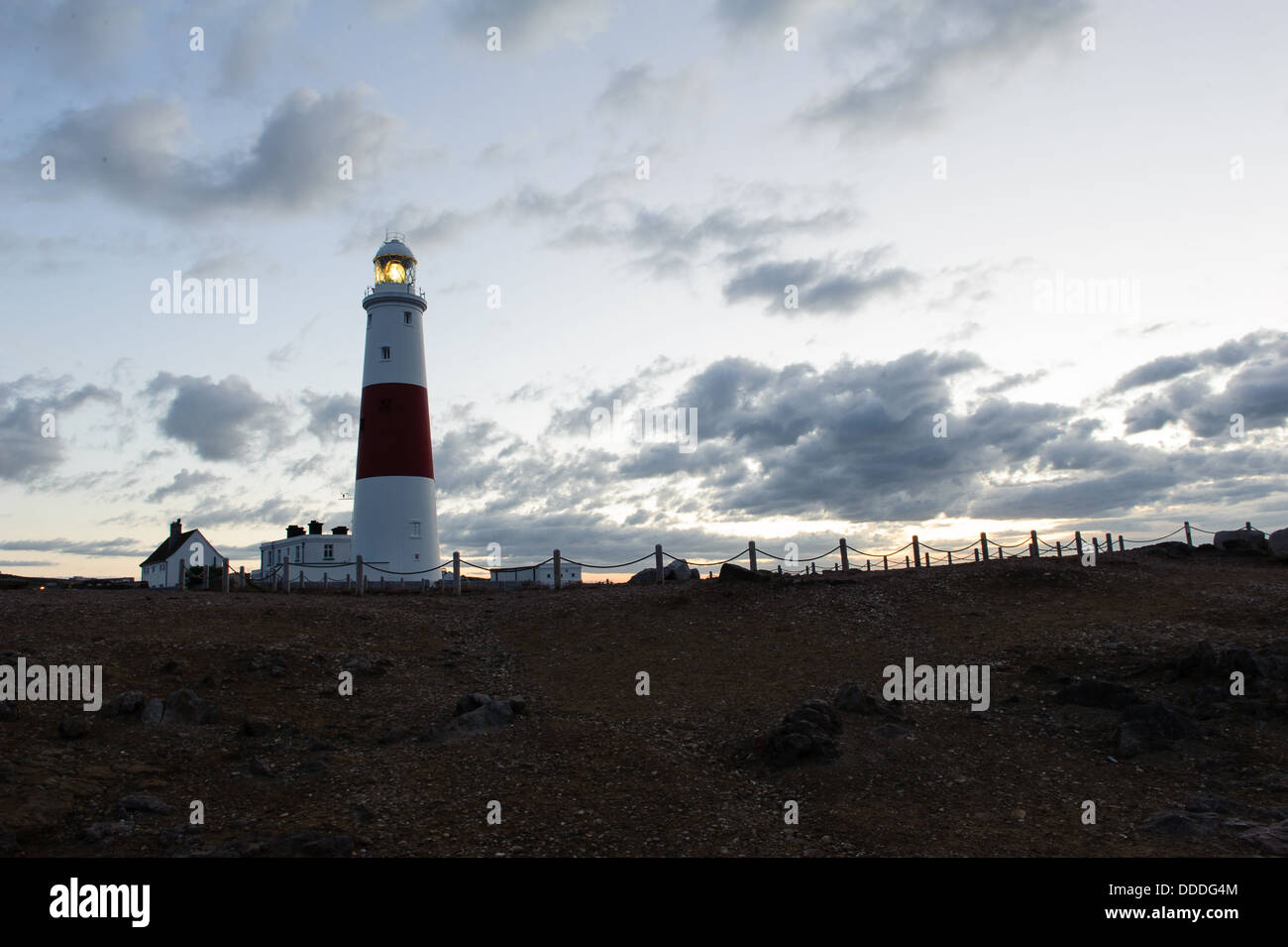 Portland Bill Lighthouse is a functioning lighthouse at Portland Bill, on the Isle of Portland, Dorset Stock Photo