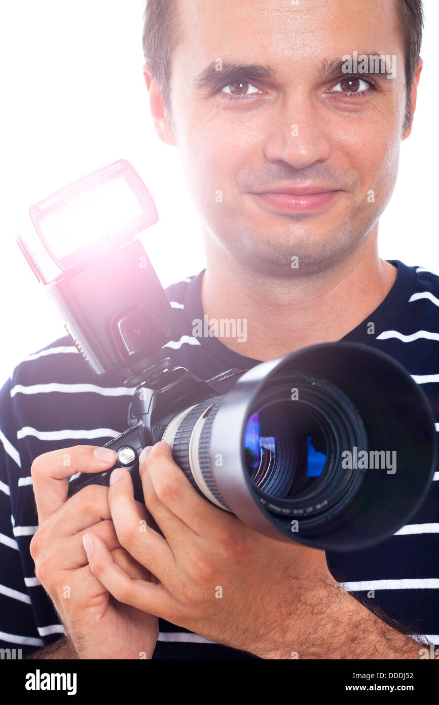 Portrait of photographer holding professional camera Stock Photo Alamy