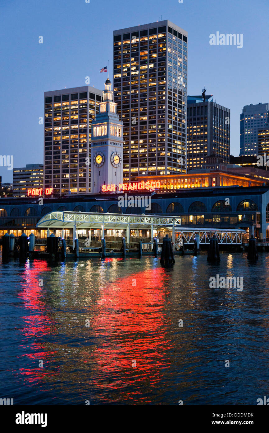 The San Francisco Ferry Terminal at dusk in the Embarcadero in San Francisco, California. Stock Photo