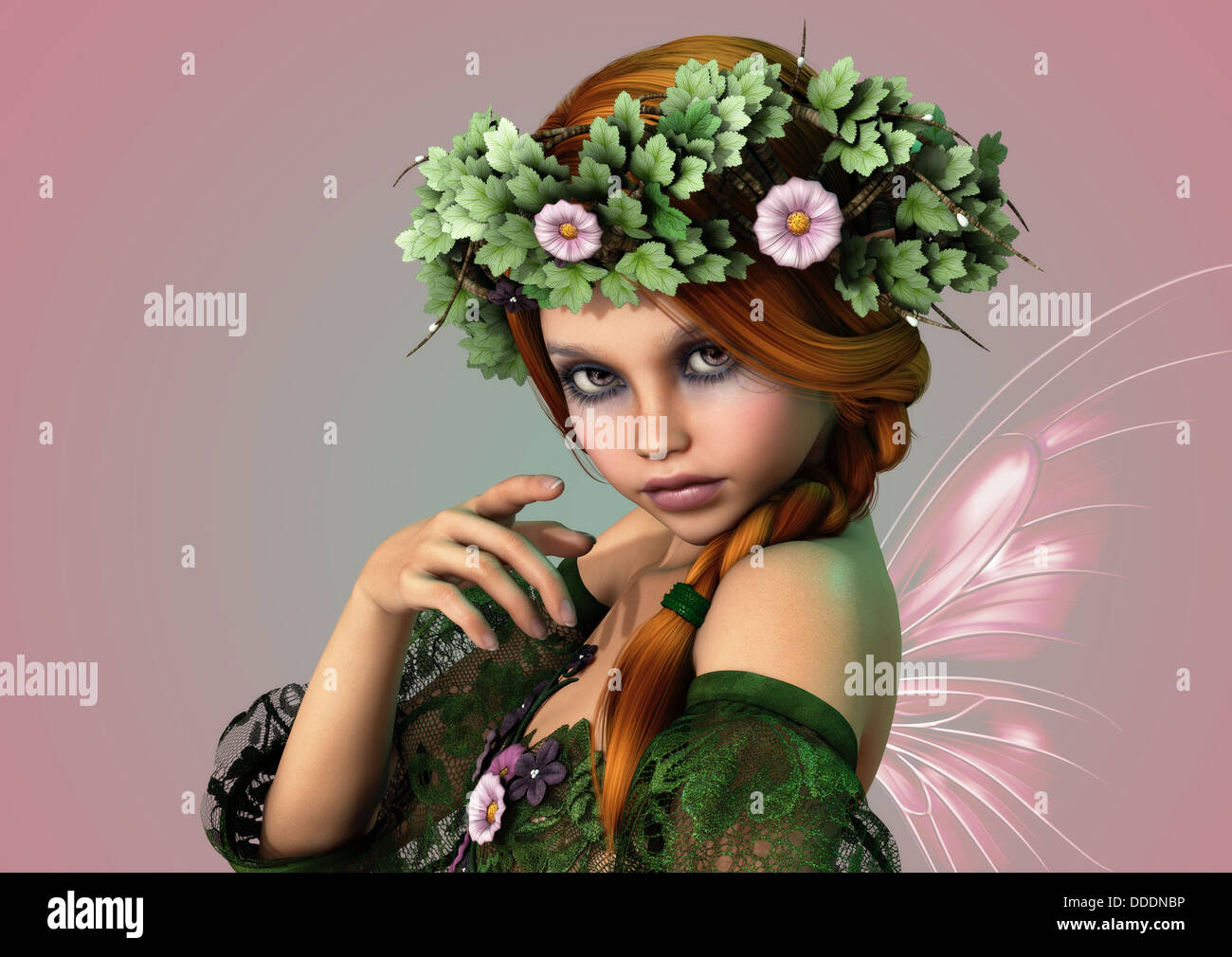 3D computer graphics of a girl with a wreath of flowers in her hair Stock Photo