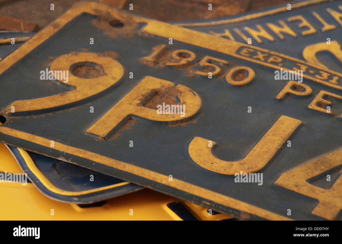 Array of antique Pennsylvania license plates Stock Photo