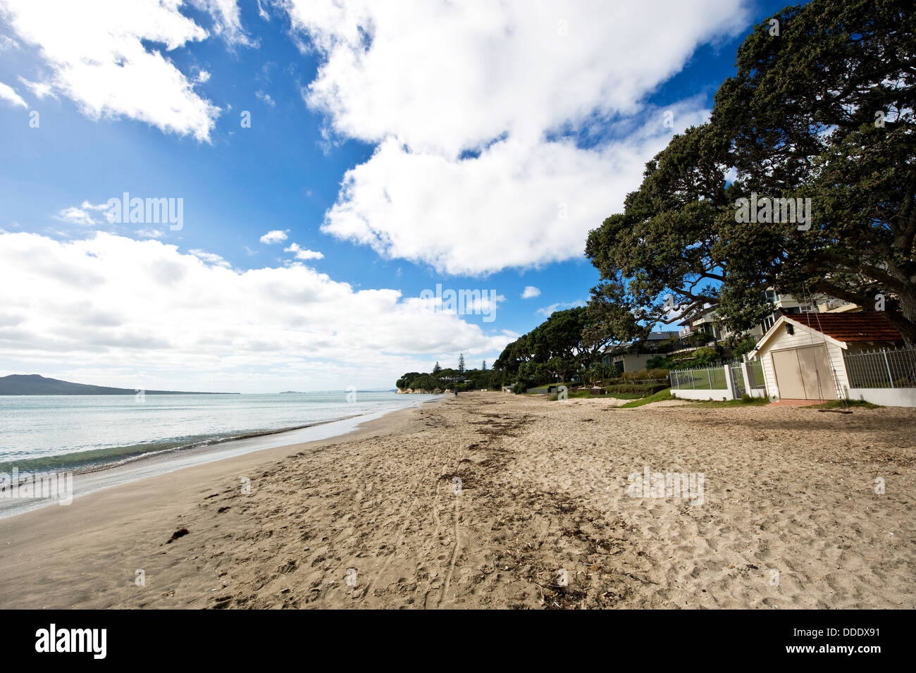 New Zealand beach - Takapuna. Rangitoto Island in the distance Stock Photo