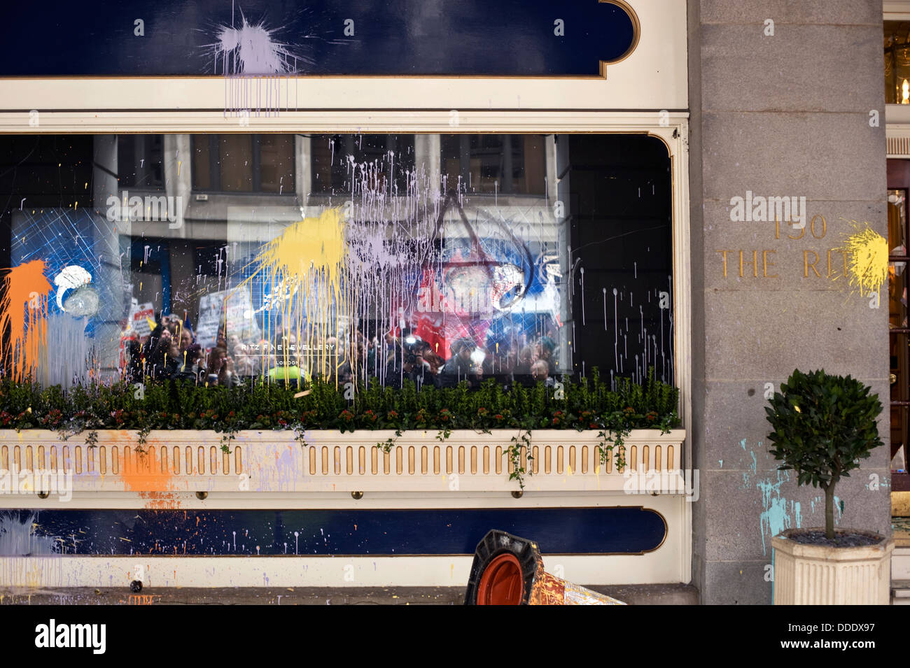 London, England, March 26, 2011. The Ritz hotel after an anarchist paint bomb attack during a protest march. Stock Photo