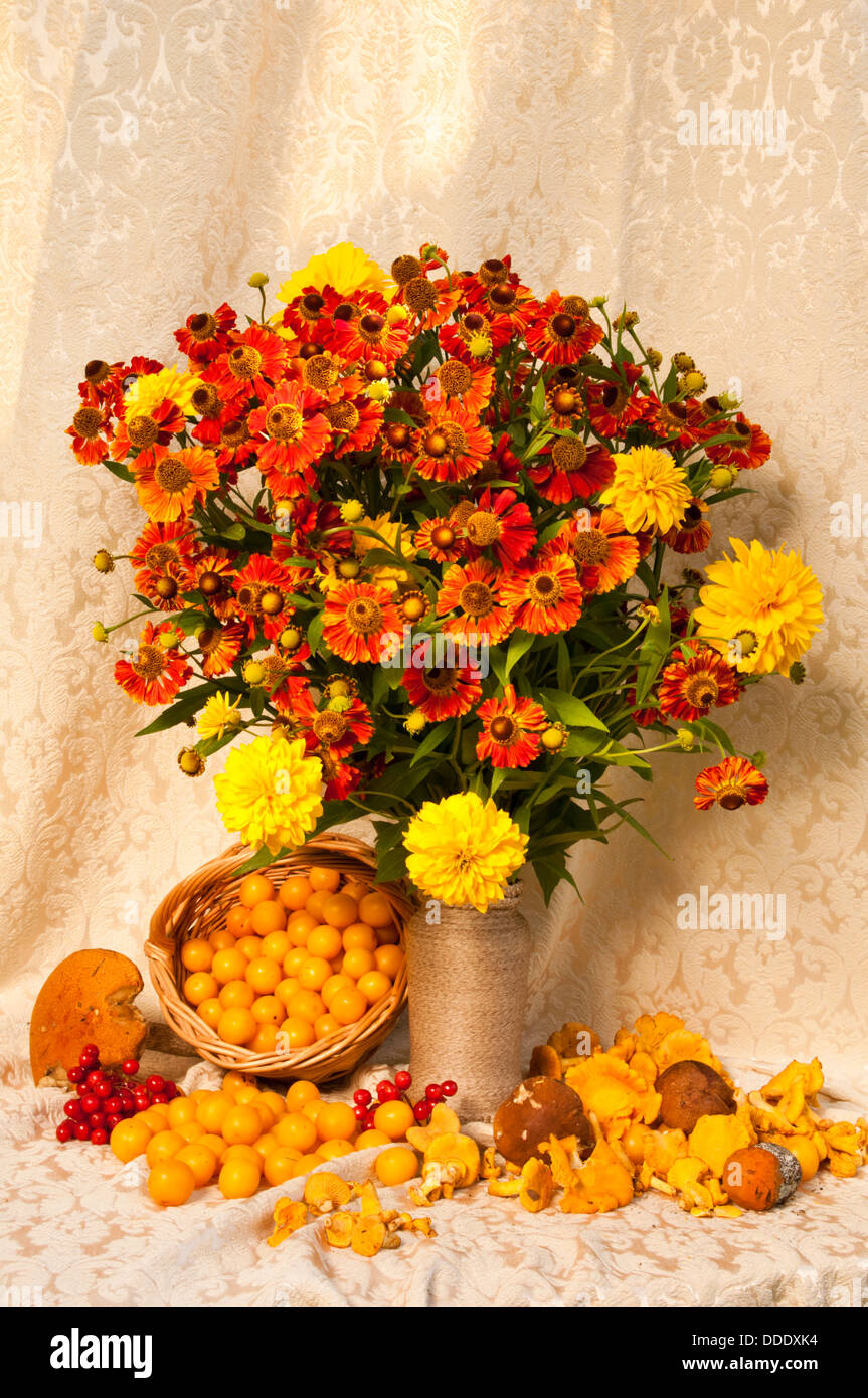 still life bouquet, cherry-plum and chanterelles Stock Photo