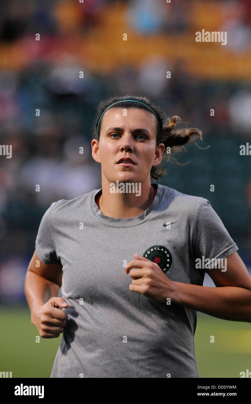 Aug. 31, 2013 - Rochester, NY, United States of America - August 31, 2013: Portland Thorns FC forward Christine Sinclair #12 warms up prior to the Portland Thorns defeating the Western New York Flash 2-0 in the NWSL final at Sahlen's Stadium in Rochester, NY. Stock Photo