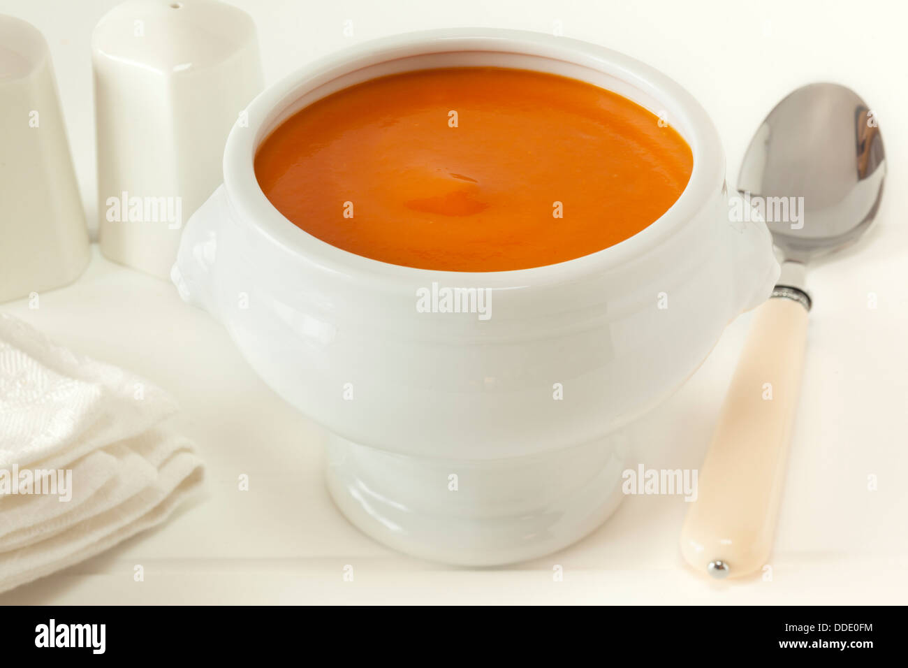 Tomato Soup in a lion head bowl, in a light, bright setting. Stock Photo