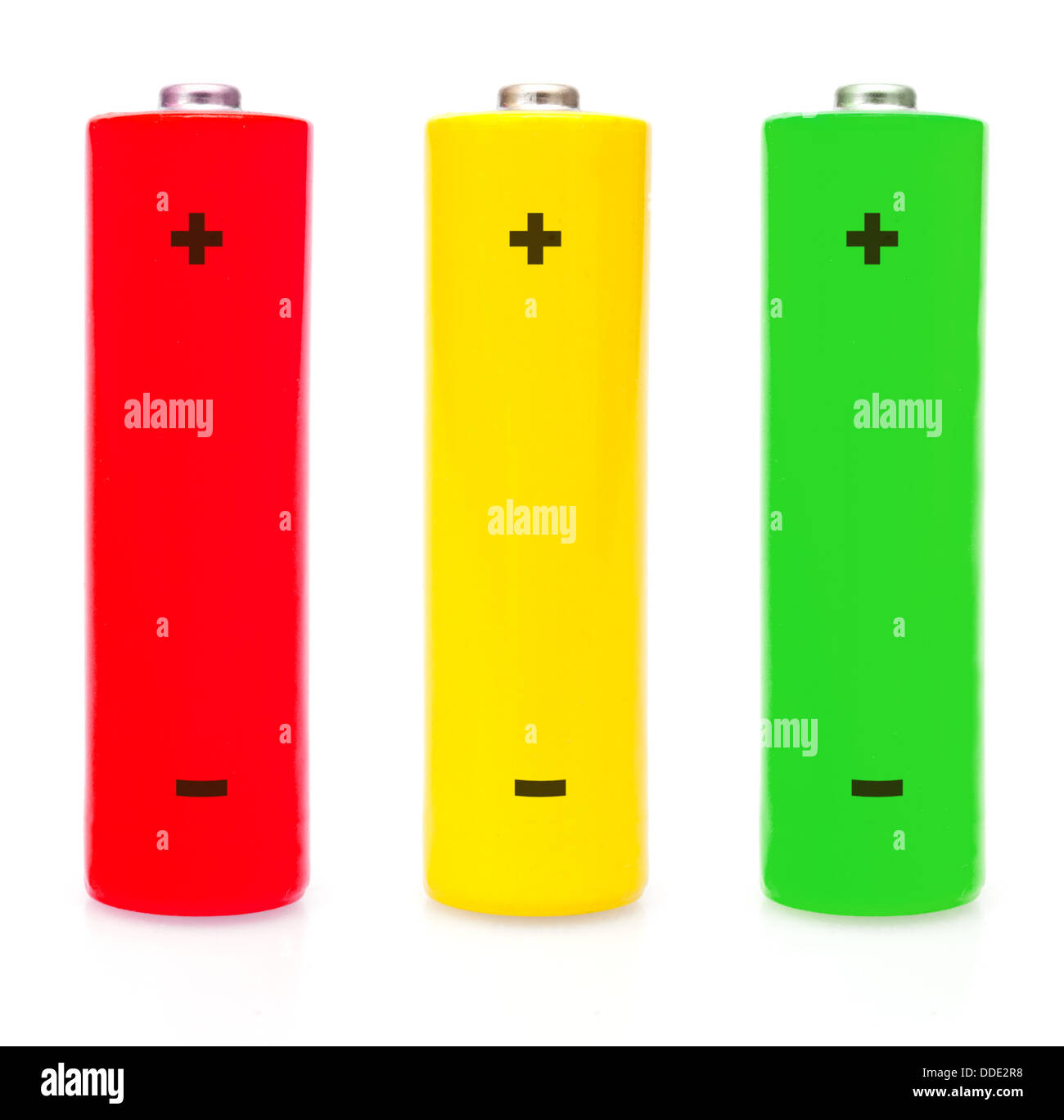 AA Alkaline Batteries in Different Colors Isolated on White Stock