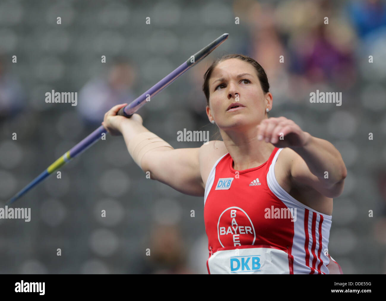 Germany's Linda Stahl in action during the javelin throw competition of the international athletics meet ISTAF at Olympiastadion in Berlin, Germany, 01 September 2013.  Photo: MICHAEL KAPPELER Stock Photo