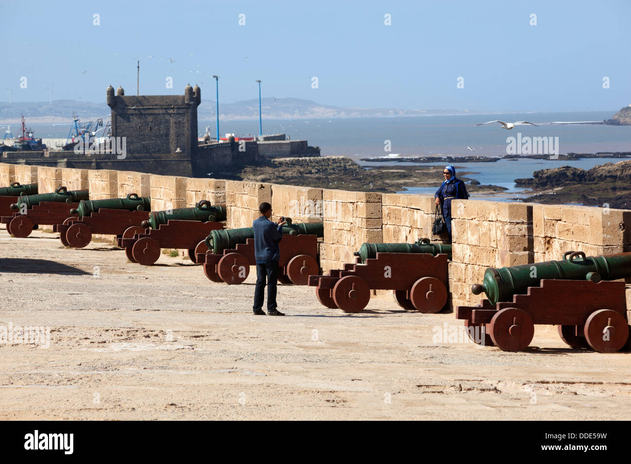 Portugese cannons along the ramparts, Essaouira, Morocco Stock Photo
