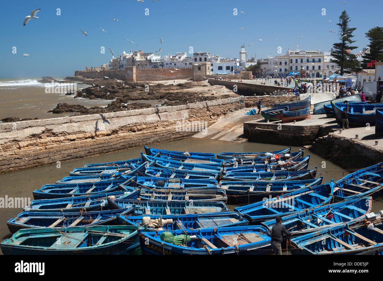 View over the fishing harbour to the ramparts and medina Stock Photo
