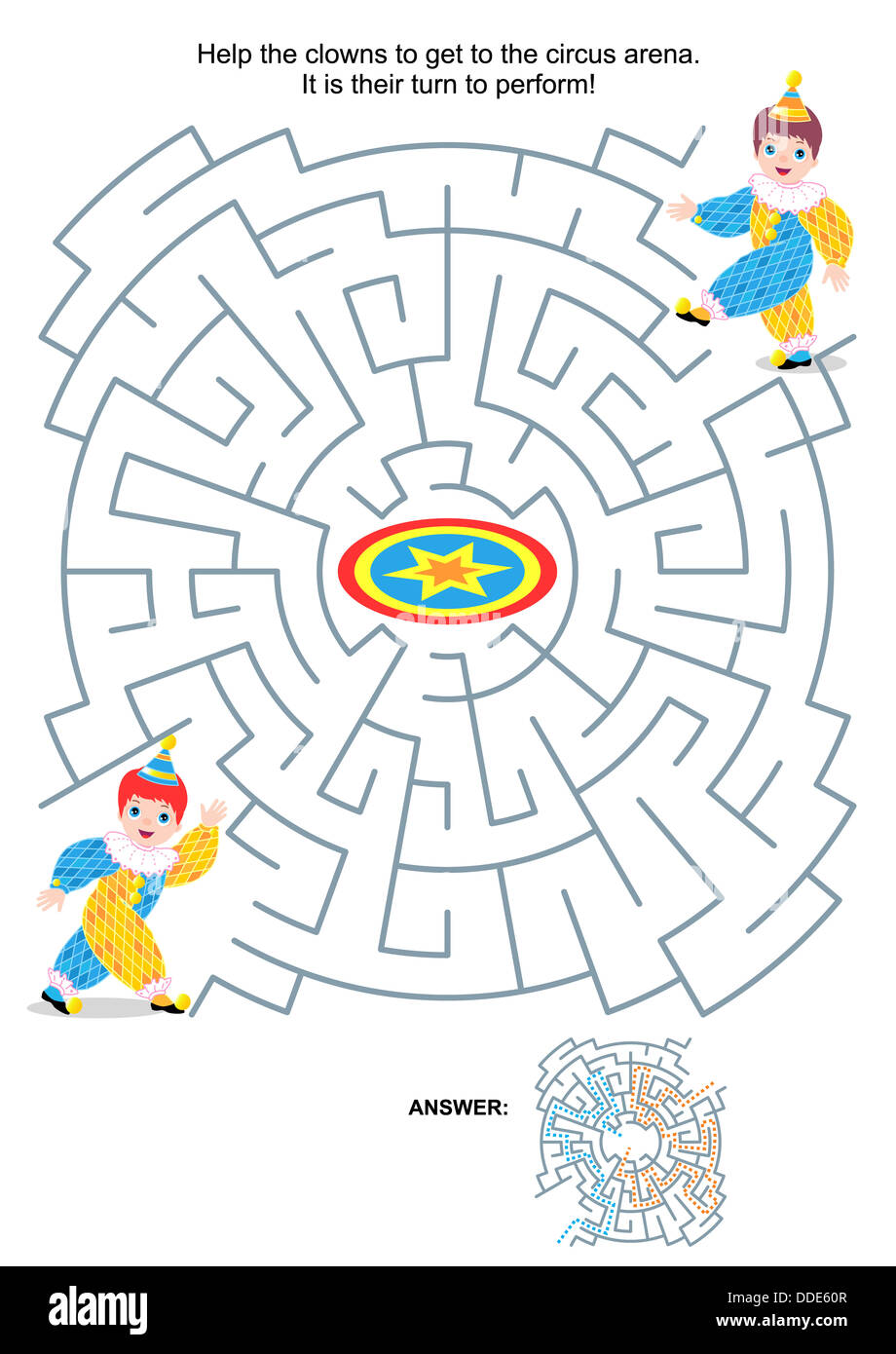 Maze game or activity page for kids: Help the clowns to get to the circus arena. It is their turn to perform! Answer included. Stock Photo