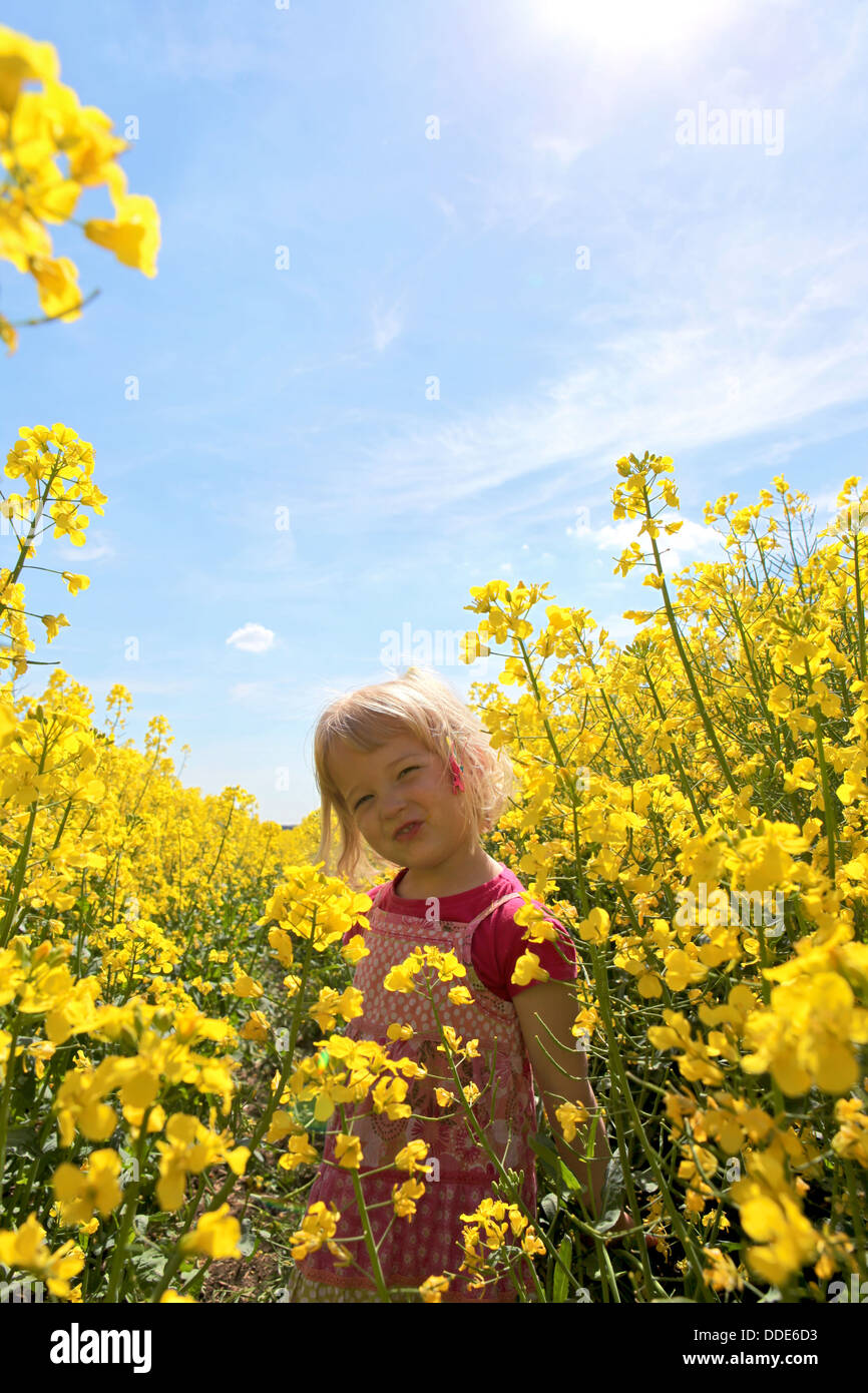 Happy toddler girl playing in rapeseed field Stock Photo - Alamy