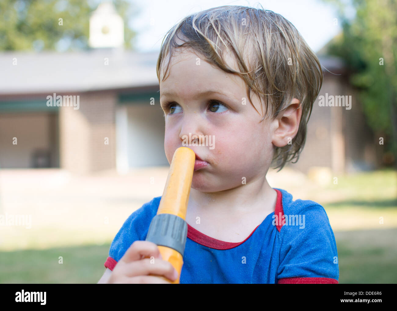 Toddler boy with garden hose Stock Photo