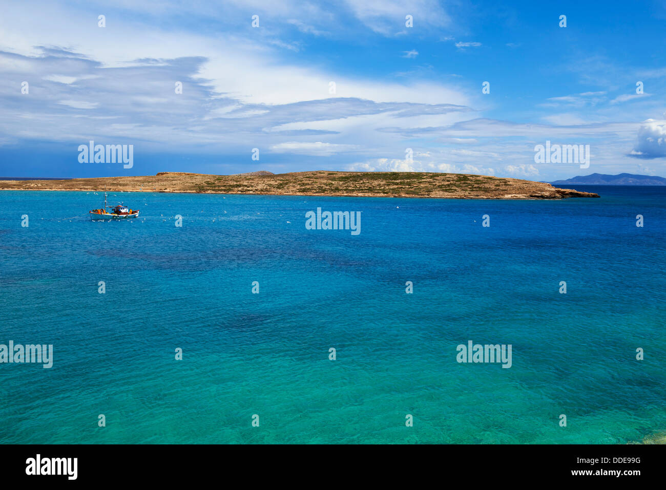 Greece, Cyclades islands, Koufonissi island, Pori beach, fishing boat ...