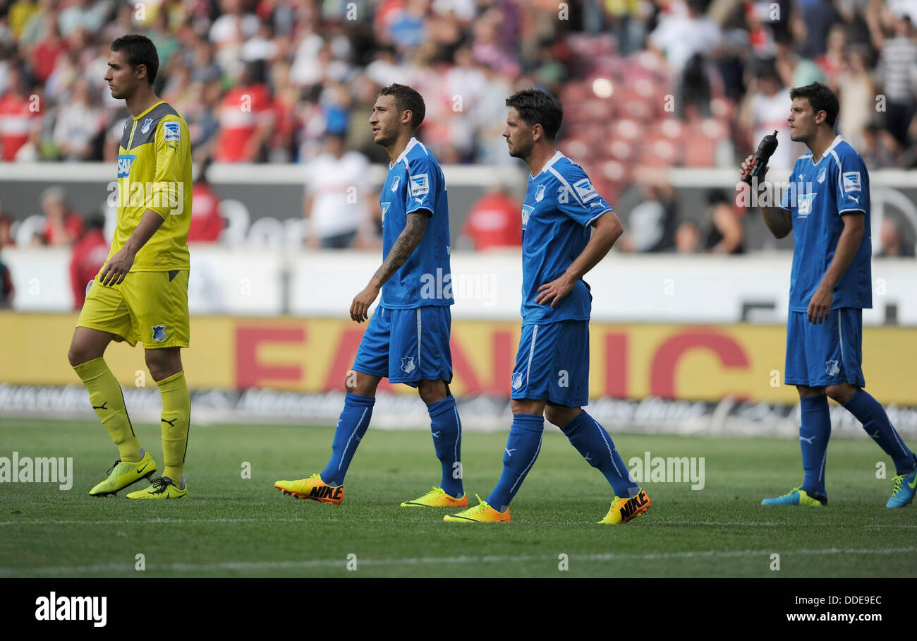 Hoffenheim's goalkeeper Koen Casteels (L) and his teammates leave the pitch after the German Bundesliga match between VfB Stuttgart and TSG 1899 Hoffenheim at Mercedes-Benz Arena in Stuttgart, Germany, 01 September 2013. Photo: DANIEL MAURER (ATTENTION: Due to the accreditation guidelines, the DFL only permits the publication and utilisation of up to 15 pictures per match on the internet and in online media during the match.) Stock Photo
