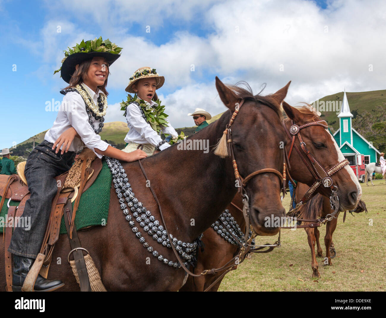 Keiki pau riders await start of the Waimea Paniolo Parade on the Big Island of Hawaiii Stock Photo