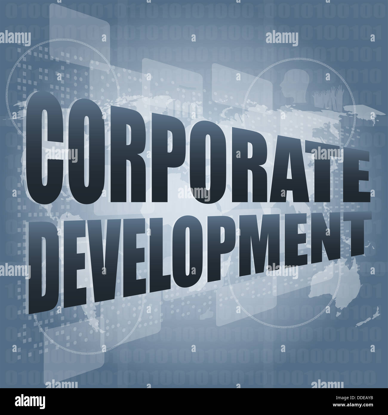 corporate development words on digital screen with world map Stock