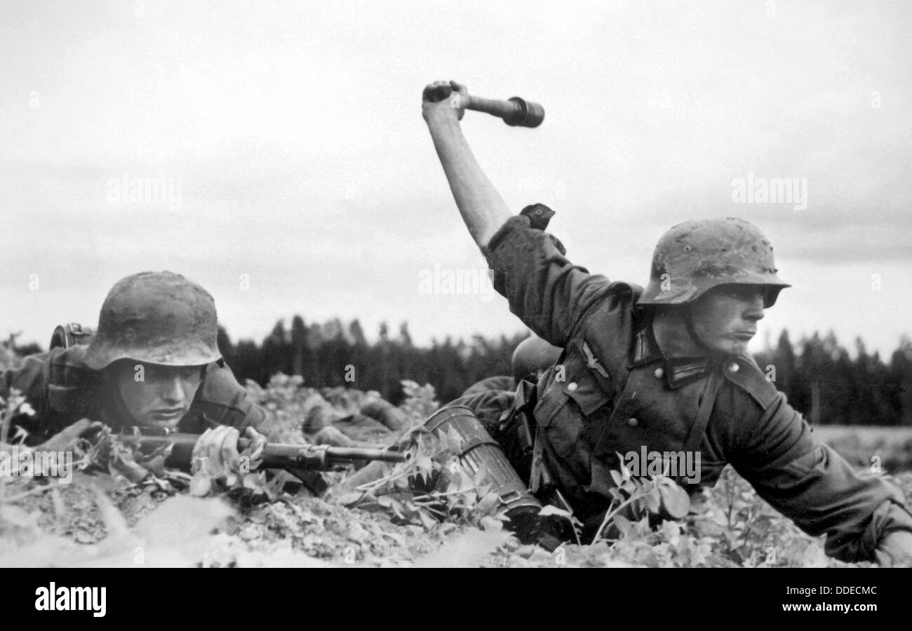 German troops in Russia, 1941. Throwing a stick grenade. Stock Photo