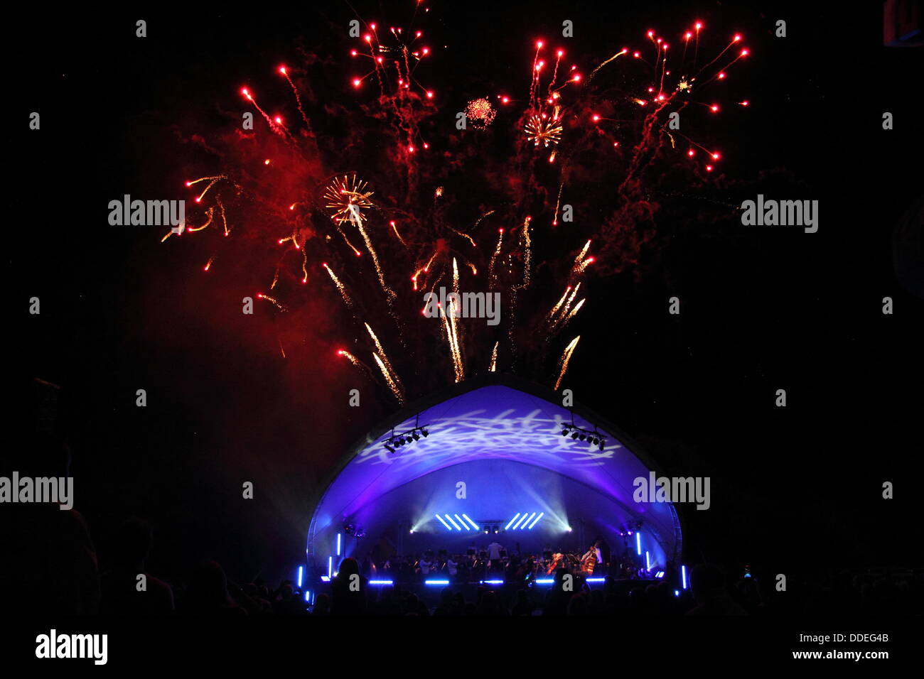 Firework finale above the stage at The Darley Park Concert, one of the UK’s biggest outdoor classical concert, Derby,UK-Sept. Stock Photo