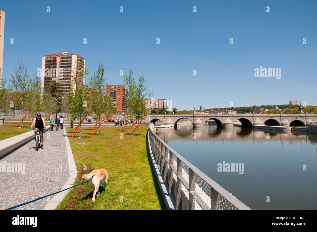 Madrid Rio park and river Manzanares. Madrid, Spain. Stock Photo
