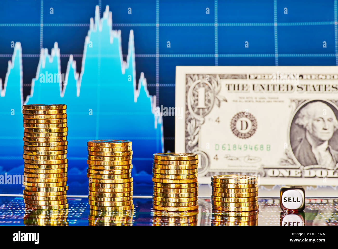 Downtrend financial chart, one-dollar banknote, stacks of golden coins and dices cube with the word SELL. Selective focus Stock Photo