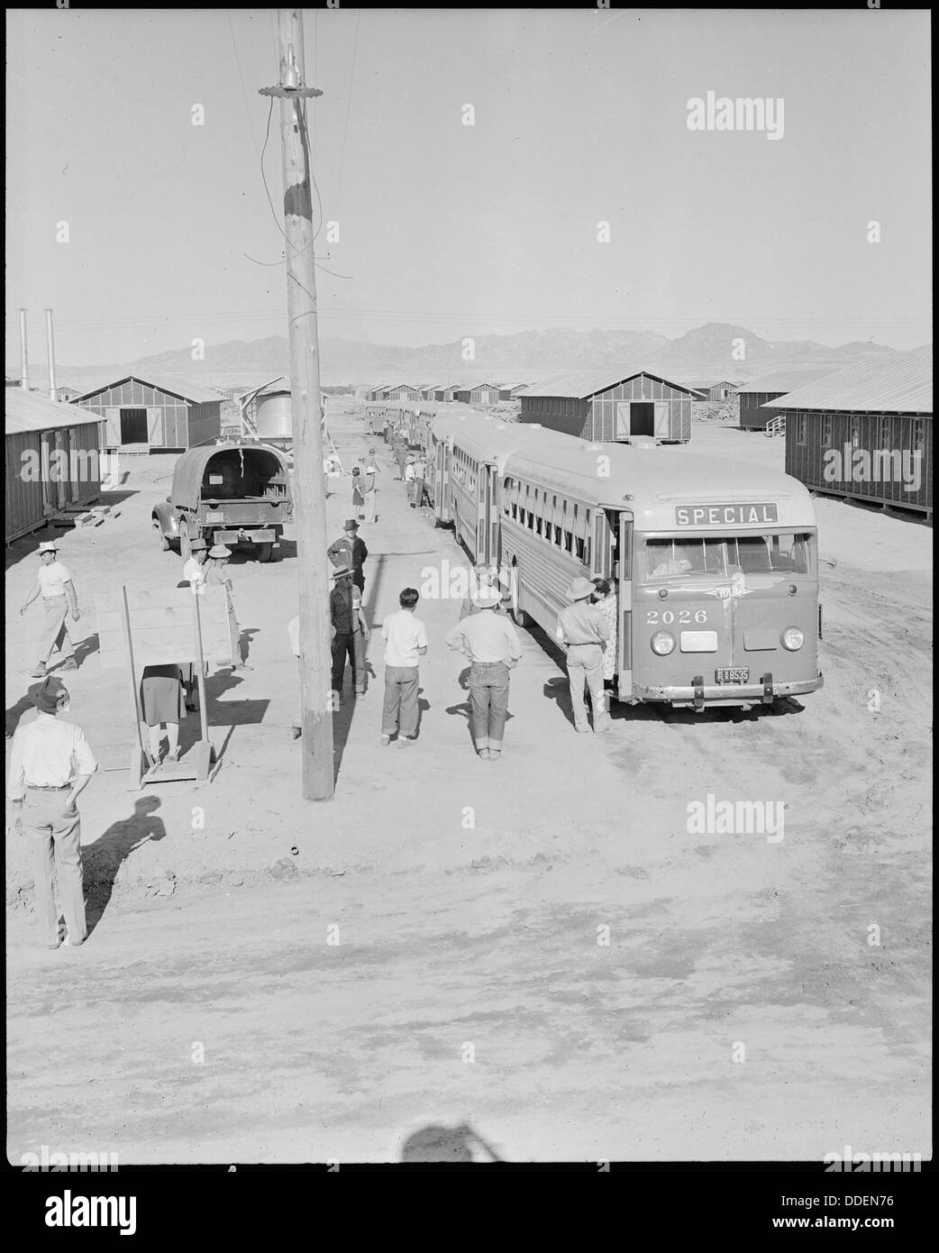 Poston, Arizona. Arrival of Japanese Americans, evacuated from west coast defense areas at this War . . . 536282 Stock Photo