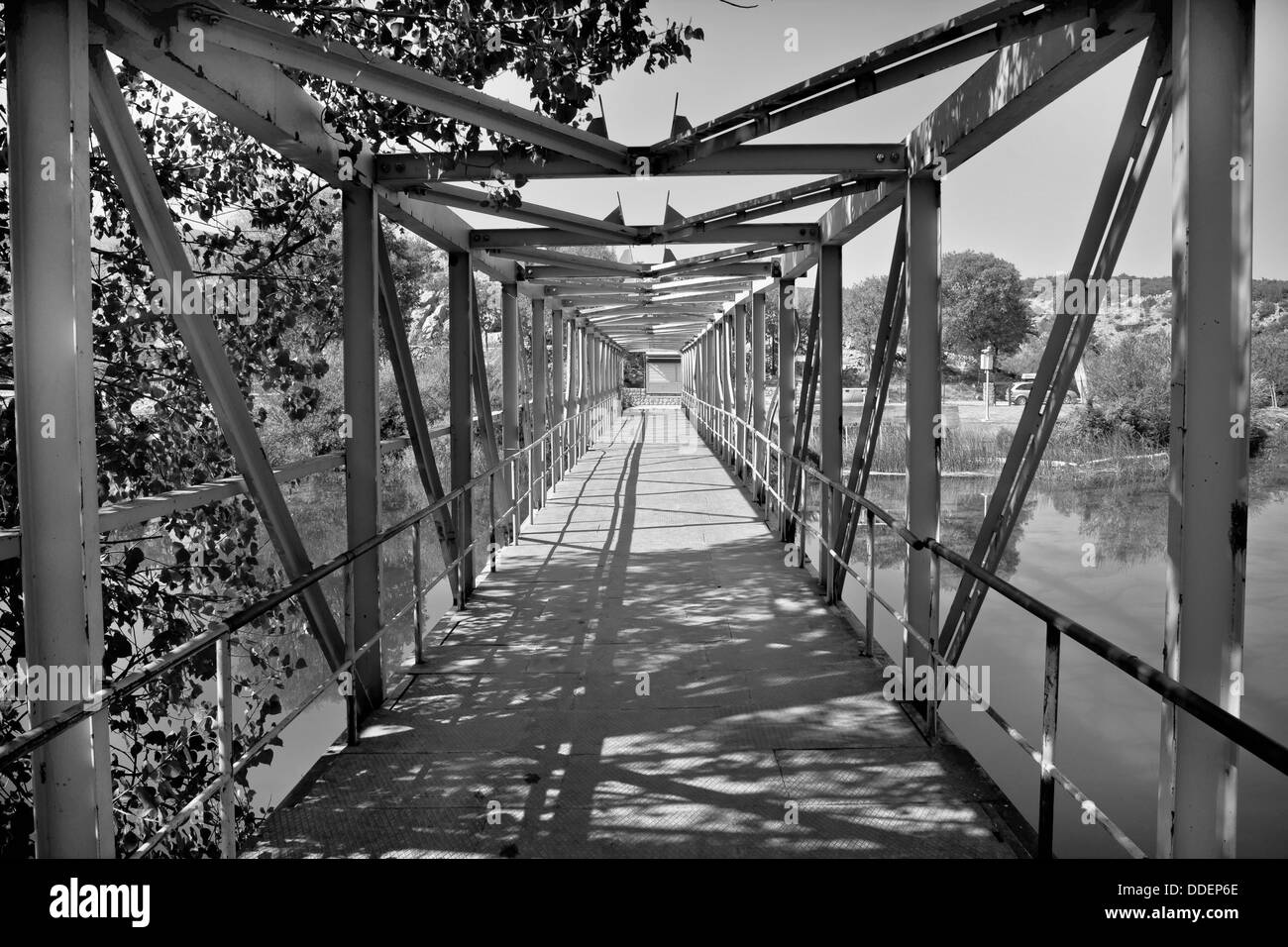 Old style iron river bridge black and white, River of Zrmanja, Croatia Stock Photo