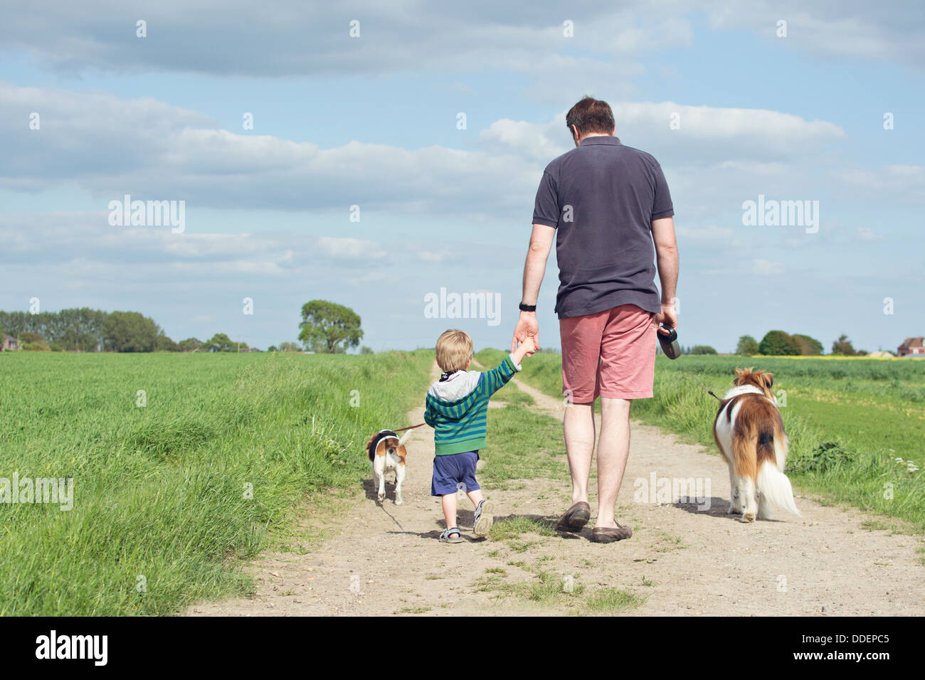 family walking through fields Stock Photo