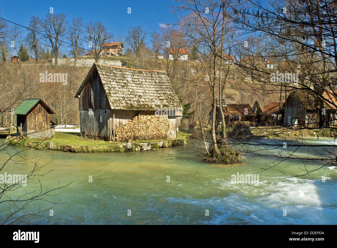 Korana river old wooden cottage in village of Rastoke Stock Photo