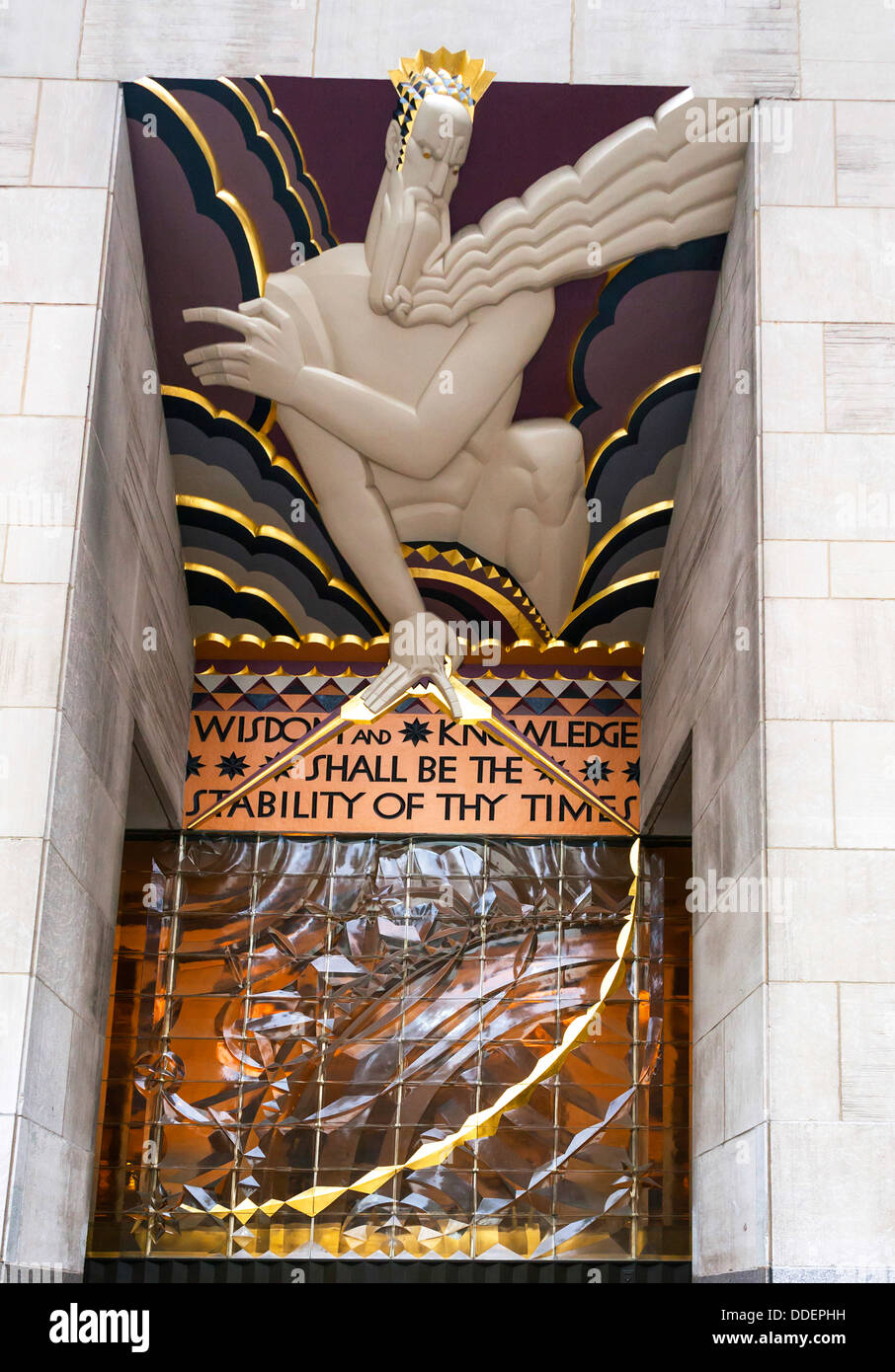 Detail shot of Neptune art deco sculptural ornamentation on the Rockefeller Center building, Manhattan, NYC, USA Stock Photo