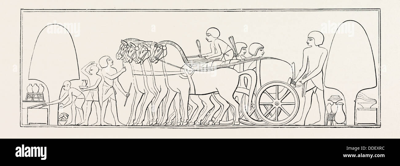 FOUR-HORSE CHARIOT OF A PRIVATE PERSON FROM ABD-EL-KURNAH. Egypt, engraving 1879 Stock Photo