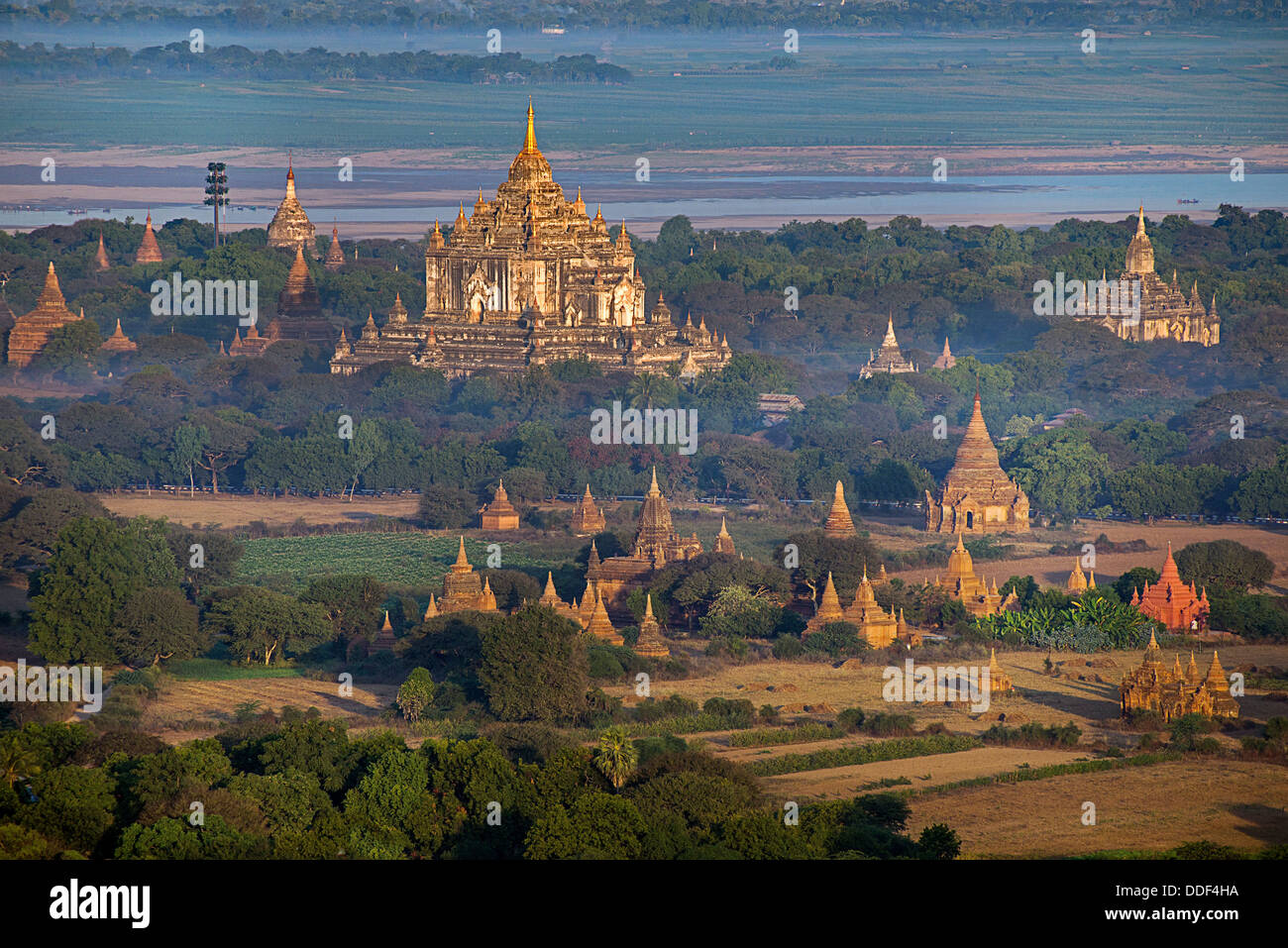 Aerial scenic from hot air ballon Bagan Ancient Temples Myanmar Stock Photo