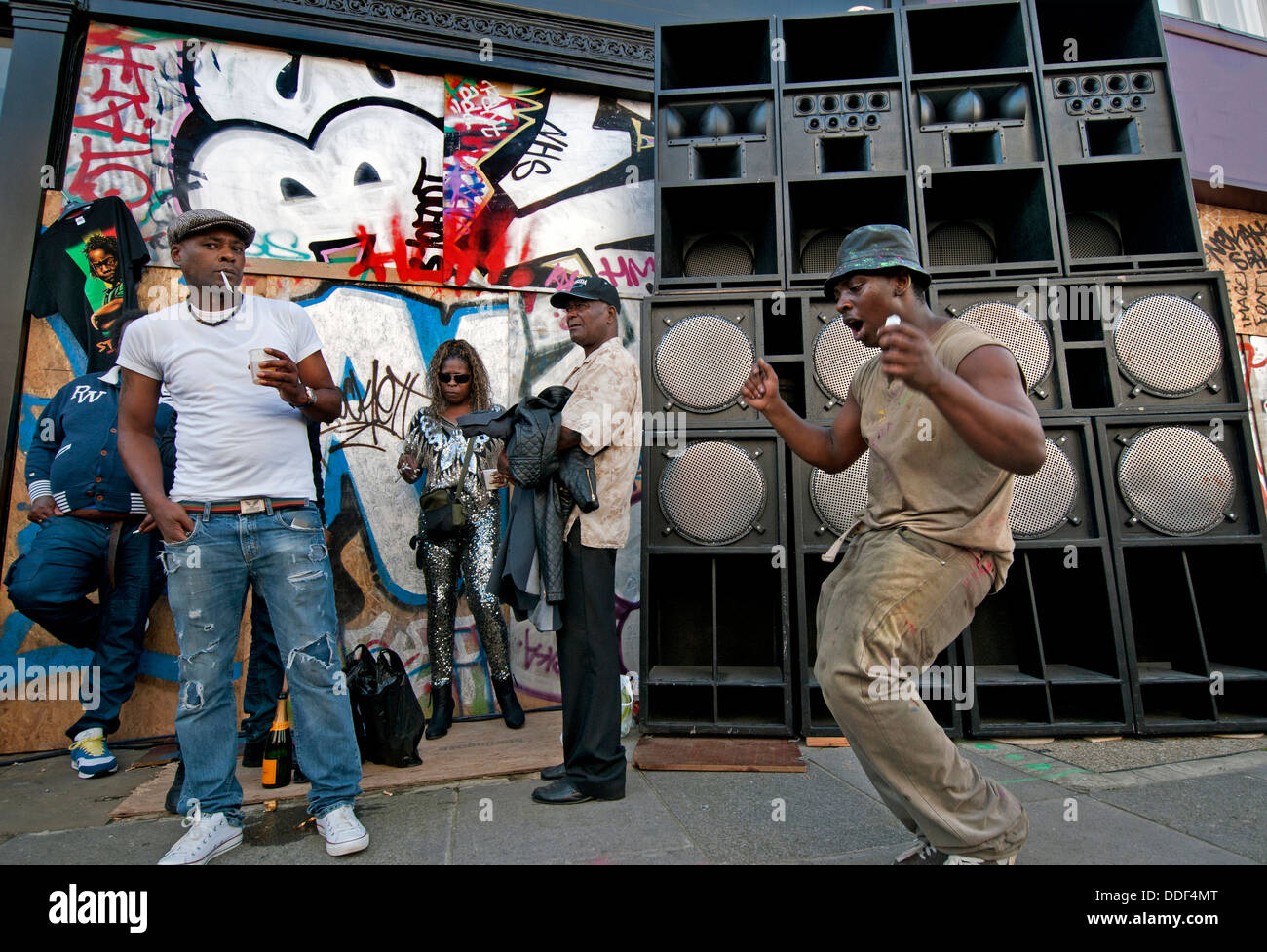 Side street with large sound system speakers at Notting Hill Carnival