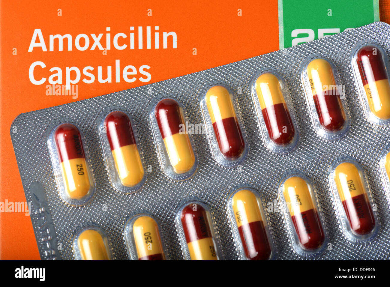Amoxicillin antibiotic capsules, tablets, pills Stock Photo