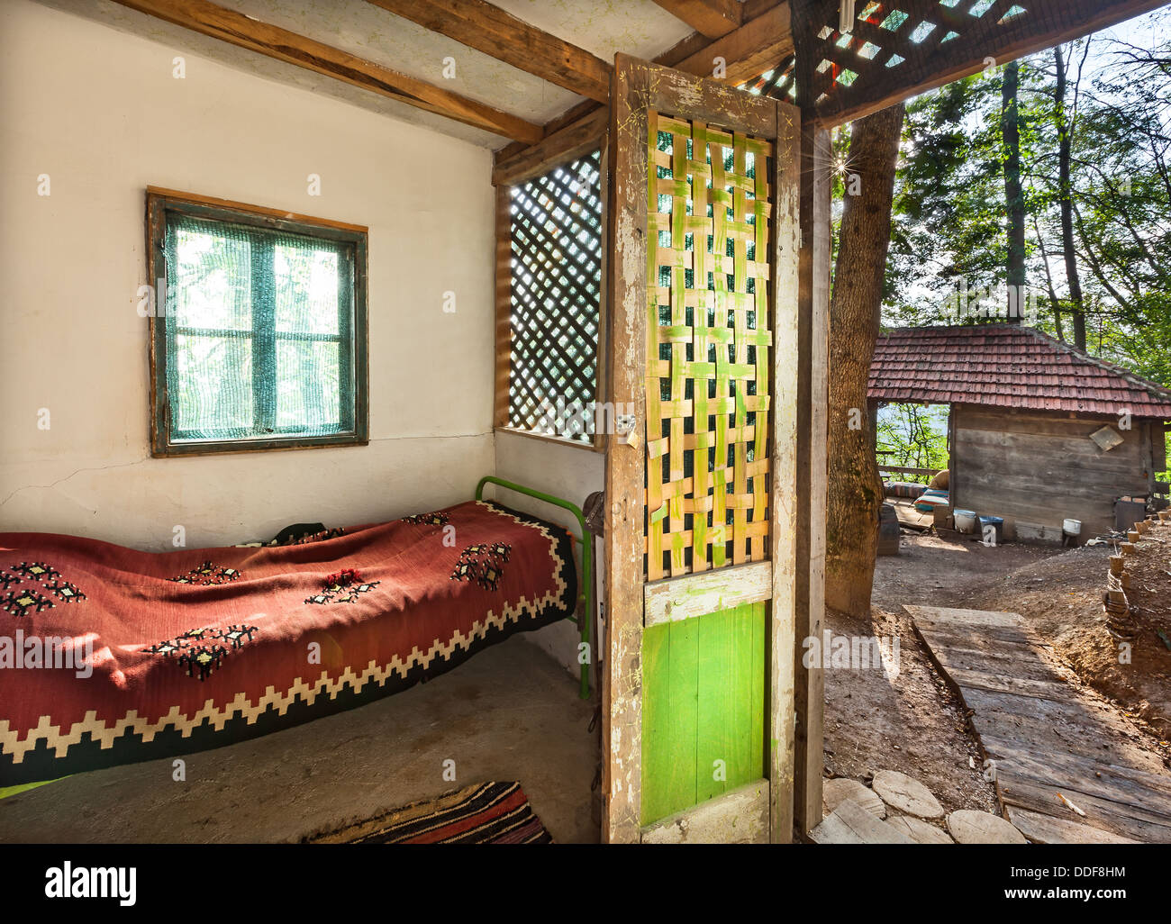 Interior of a wooden house, traditional Serbian style Stock Photo Alamy
