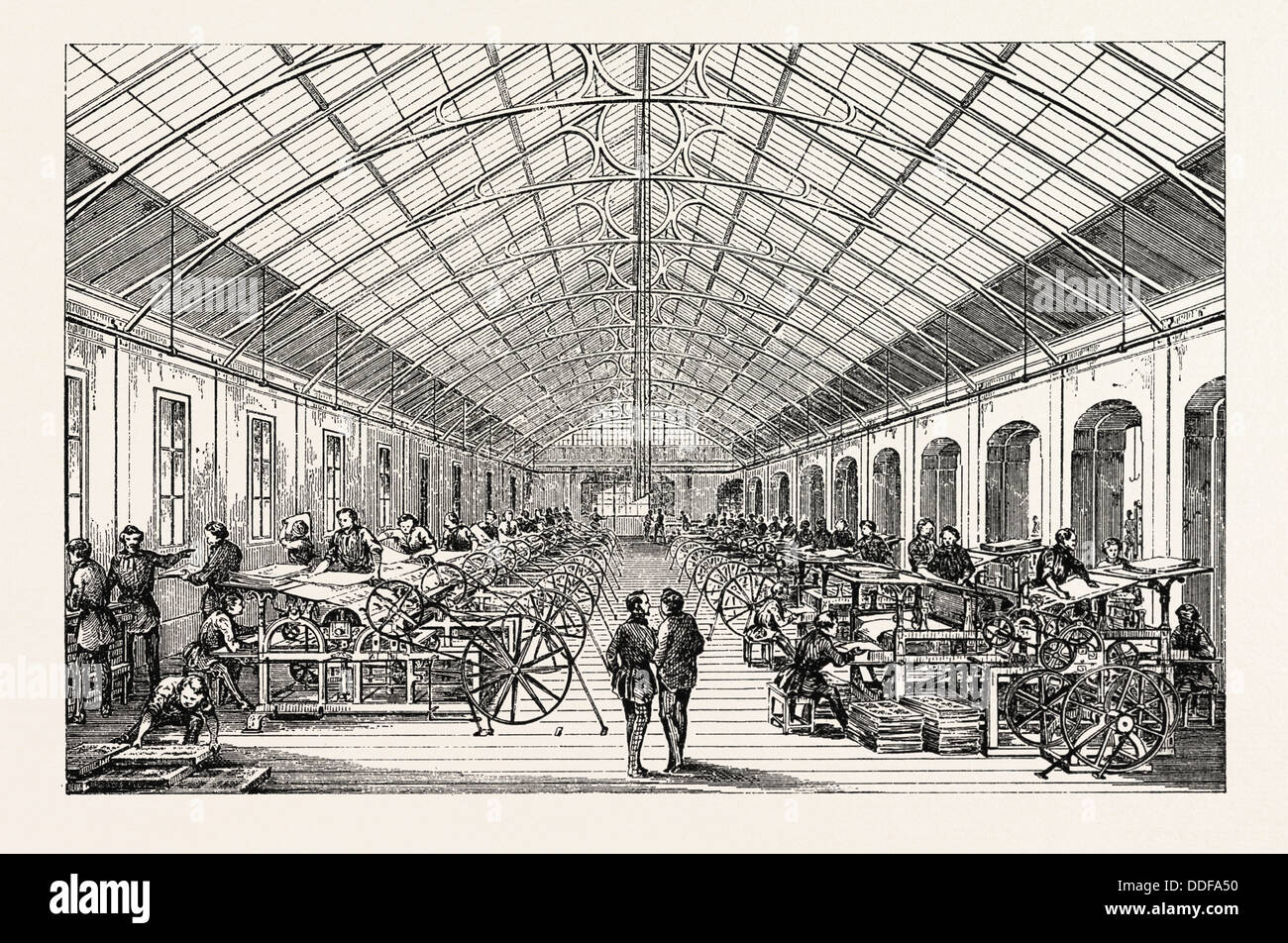 Universal Exposition: Workshop mecanical presses. Paris, France, Exposition Universelle. An international Exhibition Stock Photo