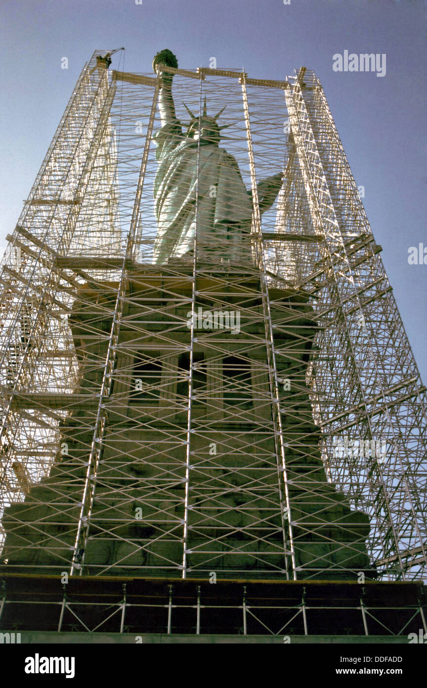 Statue of Liberty hidden behind scaffolding during restoration 1984 on