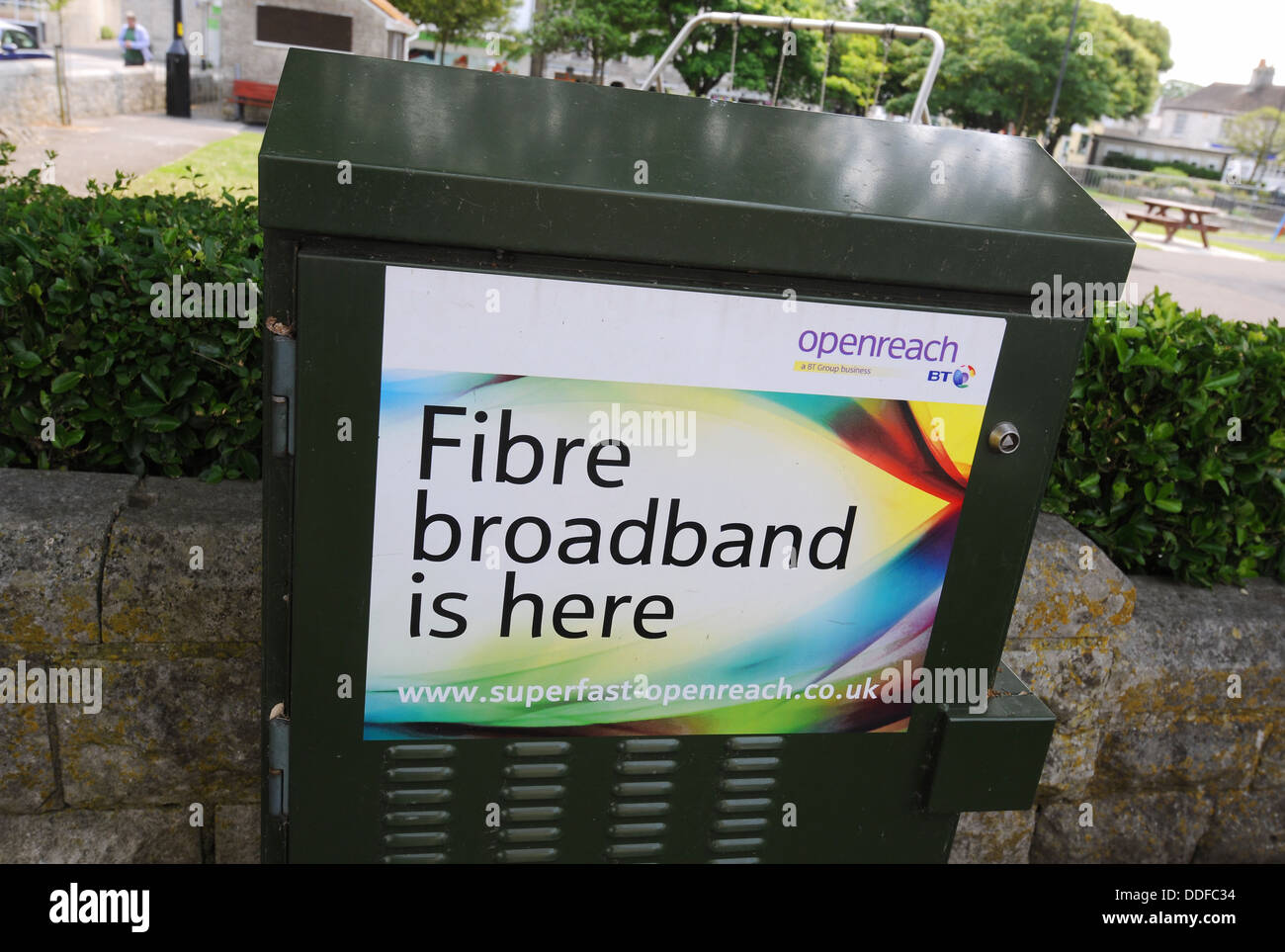 Fibre optic broadband, BT Openreach is here sign on exchange box, UK Stock Photo
