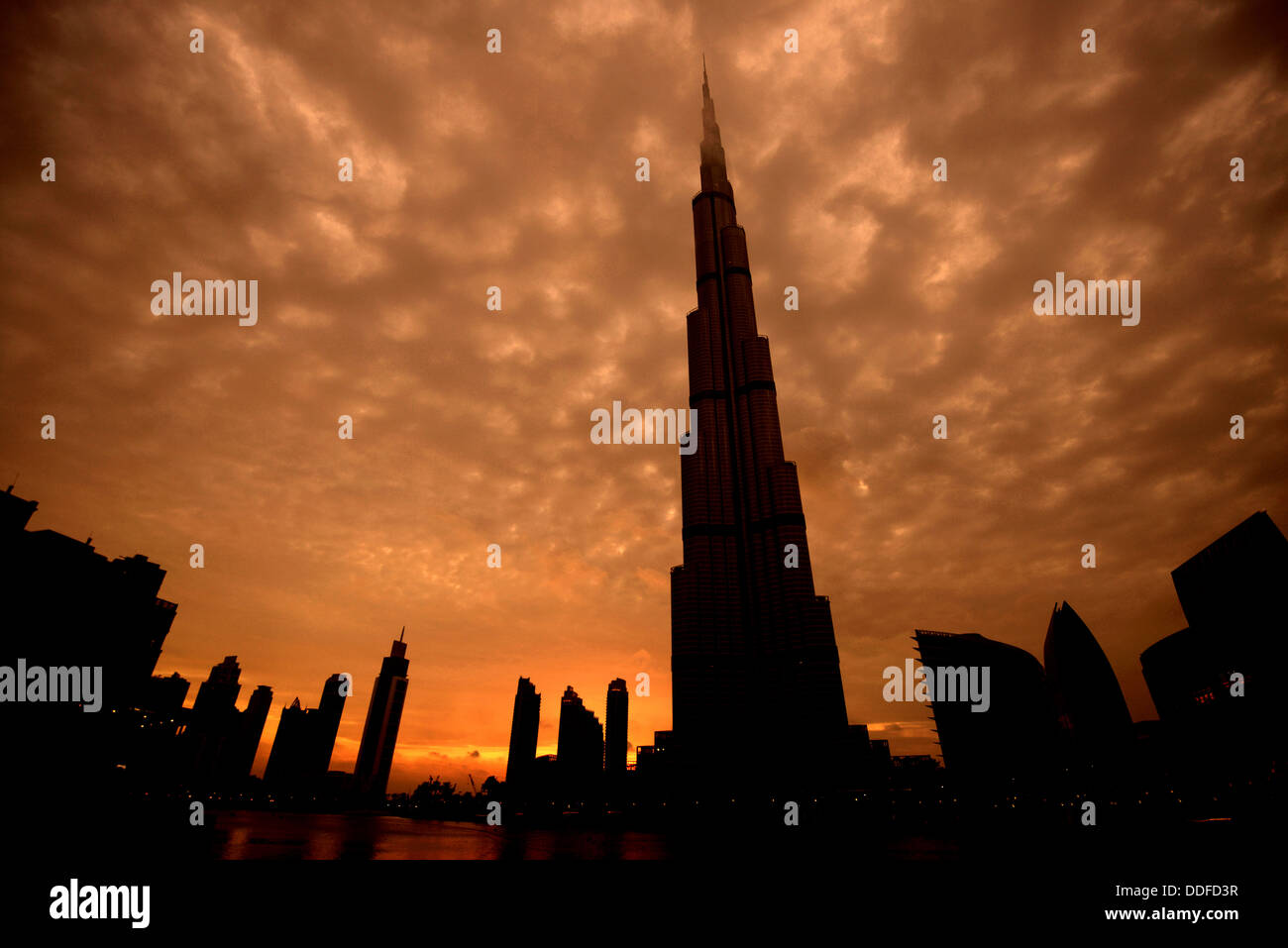 Burj Khalifa skyscraper, exterior of Burj Khalifa skyscraper at sunset, Dubai, United Arab Emirates Stock Photo