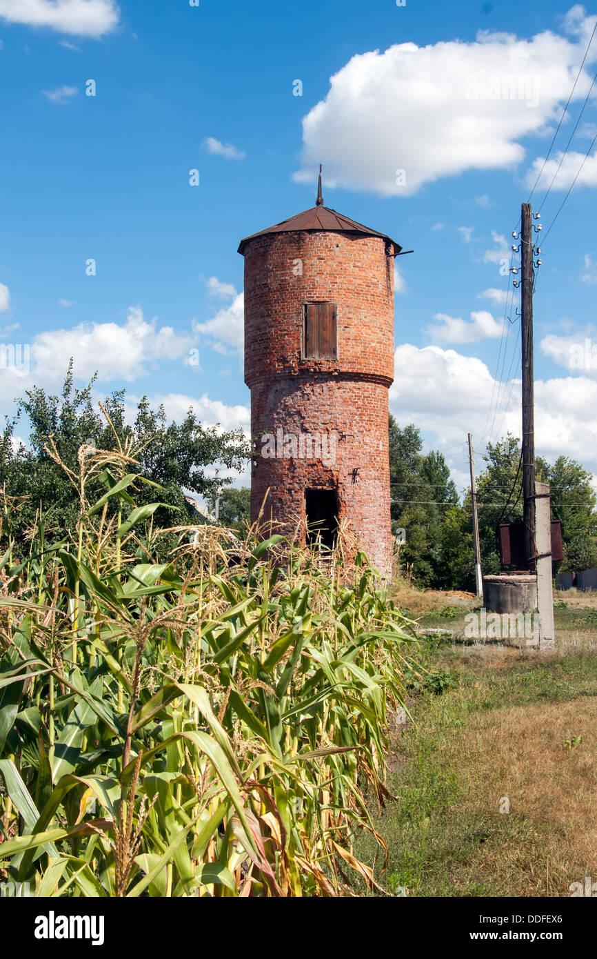 The old water tower built of red bricks in the countryside in bright ...