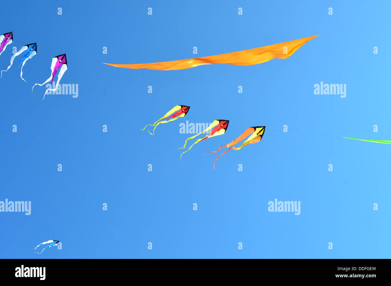 Flying kites in a clear blue sky Stock Photo Alamy