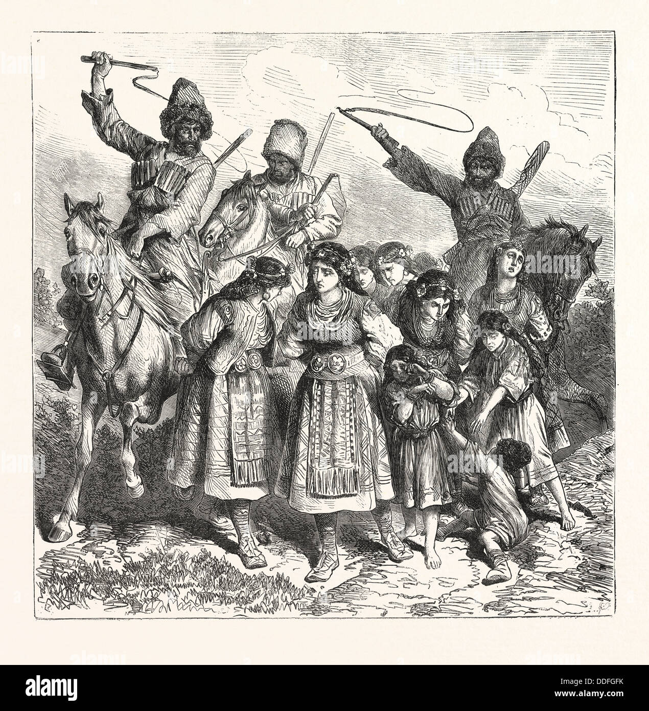 THE TURKO SERVIAN WAR, CIRCASSIANS CARYING OFF BULGARIAN WOMEN AND CHILDREN, ENGRAVING 1876, TURKEY, SERBIA Stock Photo