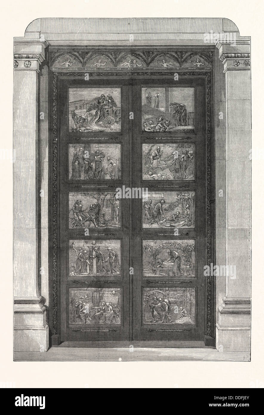 THE BRONZE DOORS PRESENTED BY THE DUKE OF BEDFORD TO BU YAN MEETING, BEDFORD, ENGRAVING 1876, UK, britain, british, europe Stock Photo