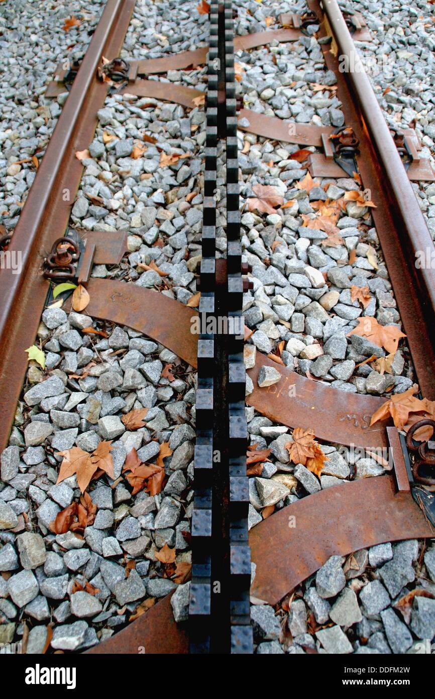 Train rack rails Stock Photo Alamy