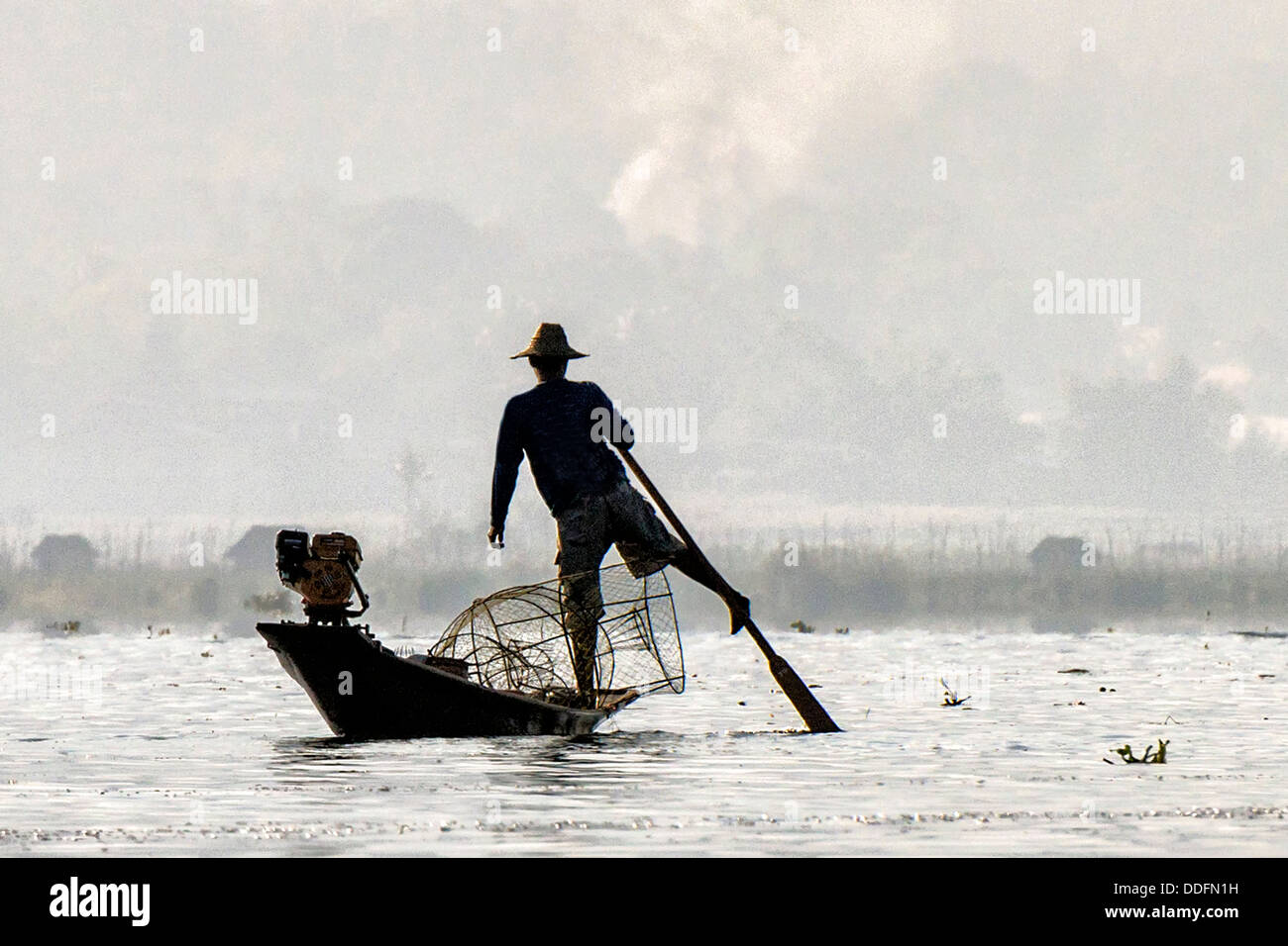 Fishermen in Inle Lake Shan State Shan Hills Myanmar. Stock Photo