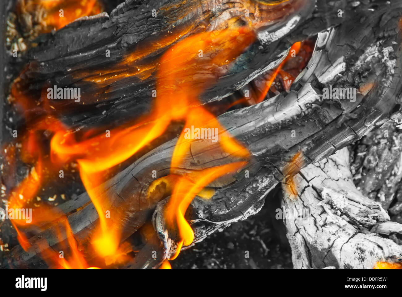 A view into the middle of a wood fire with flames, glowing embers and